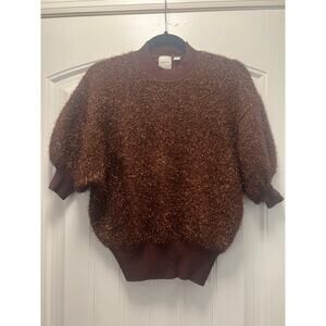 NWT Maeve Violetta Women’s Short Sleeve Sparkle Tinsel Knit Sweater Sz XS Brown